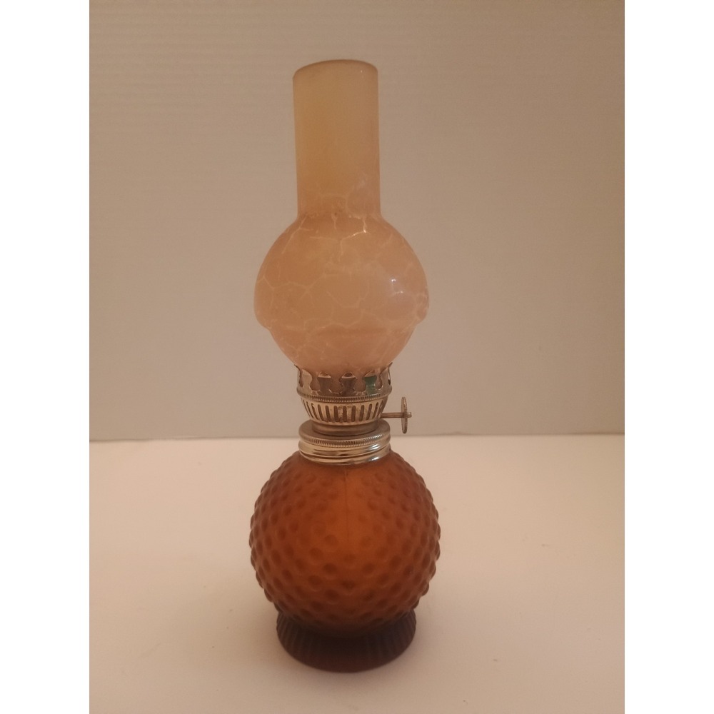 Vintage Amber Satin Glass Miniature Oil Lamp 8" Made In Japan